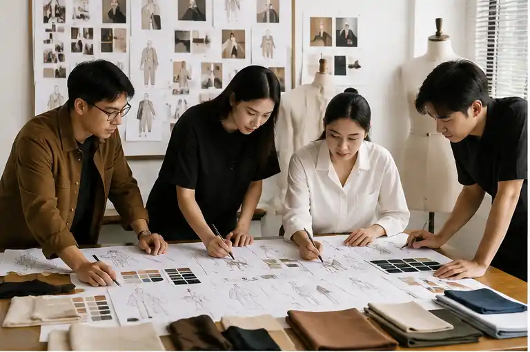 Tim desainer sedang merancang koleksi untuk membangun brand fashion profesional